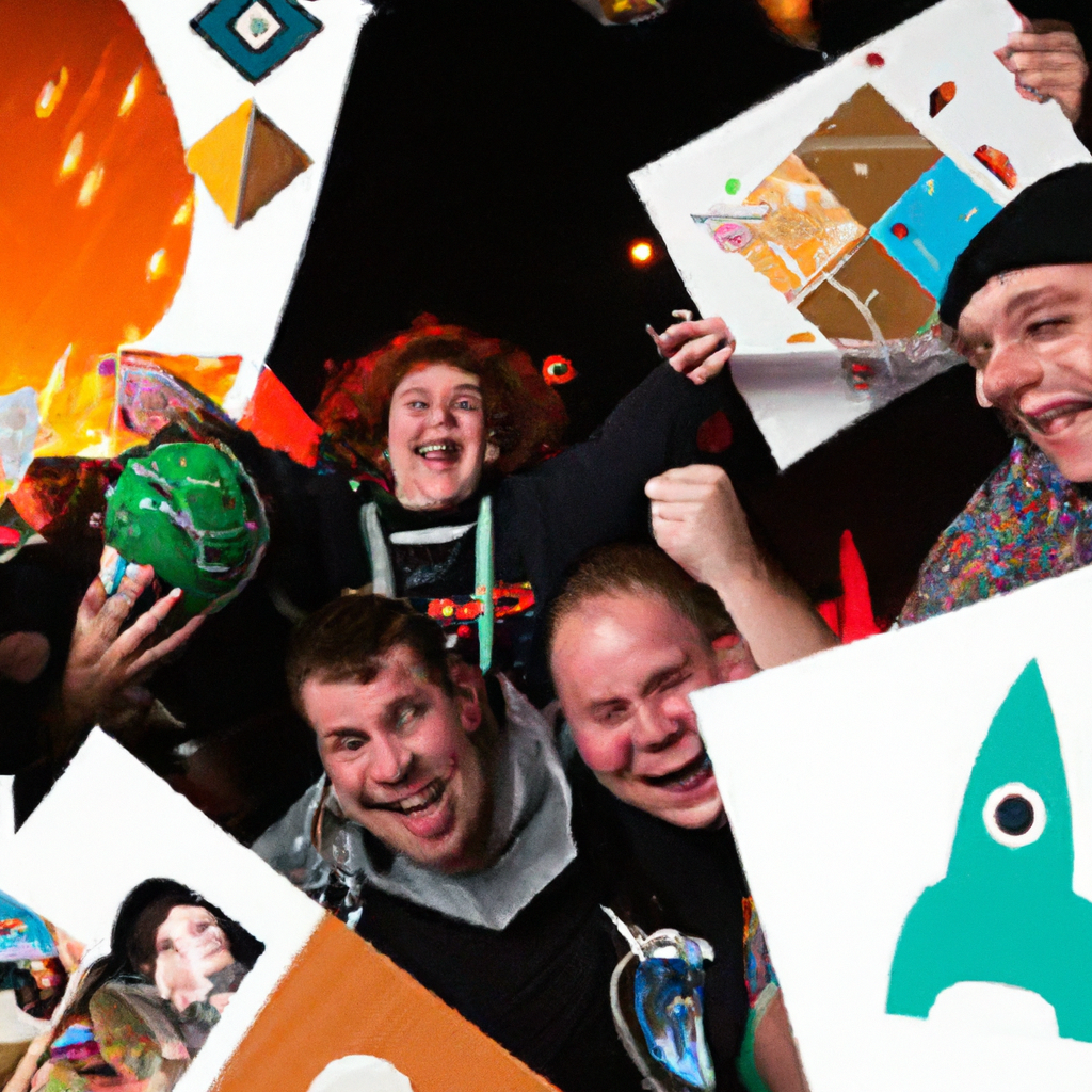 Small studio team celebrating a live win on stage